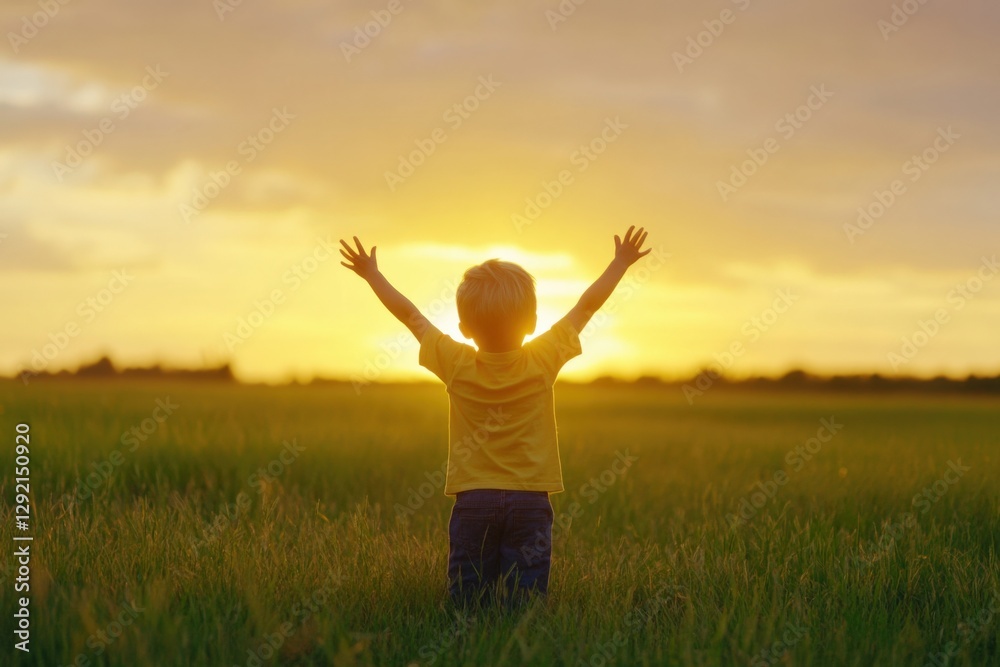 boy with arms raised in a field at sunset boy with arms raised in a field at sunset