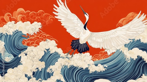 Traditional japanese kimono textile pattern style with crane element