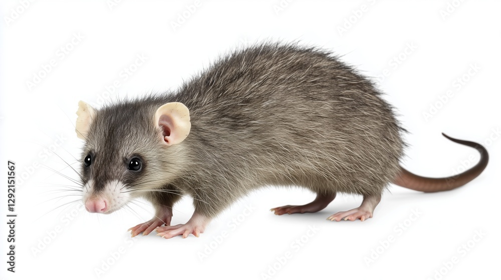 small grey opossum standing on white surface with curious expression and soft fur in minimal style concept for wildlife, zoology, petcare small grey opossum standing on white surface with curious expression and soft fur in minimal style concept for wildlife, zoology, petcare
