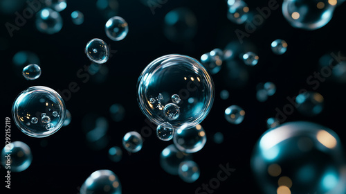 Wallpaper Mural Fizzy water bubbles floating on dark background. Multiple transparent spherical shapes with light reflections for effervescent pattern. Realistic 3d vector natural carbonated beverage movement. Torontodigital.ca