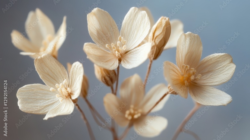 Close-up of delicate beige flowers with soft blue background Close-up of delicate beige flowers with soft blue background