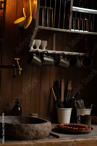 the interior of a country house. rustic kitchen in a cozy forest cabin