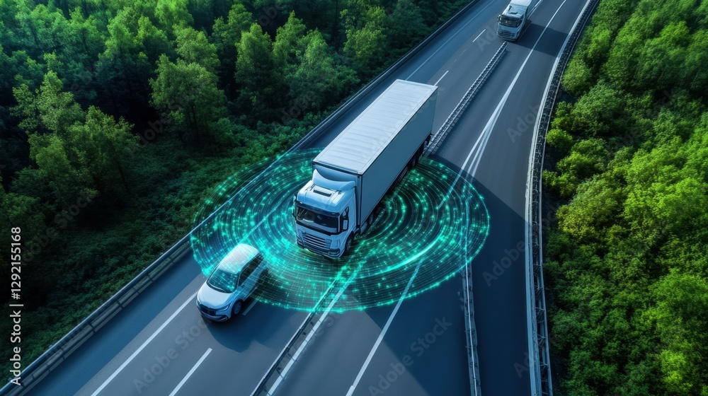 Obraz premium Aerial top view of car and truck driving on highway road in green forest Sustainable transport Drone view of hydrogen energy truck and electric vehicle driving on asphalt road through : Generative AI