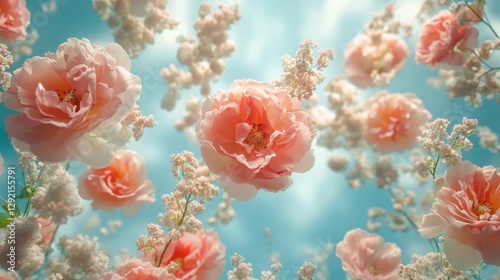 Blooming pink flowers and delicate white blossoms against blue sky