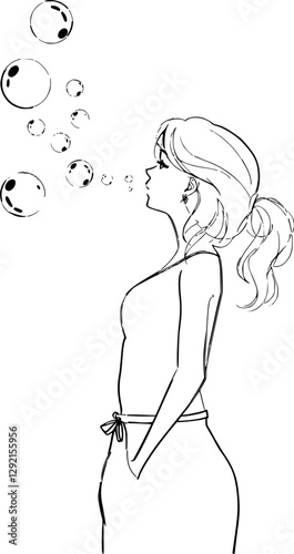 Continuous line drawing of a woman blowing bubbles playful and carefree.