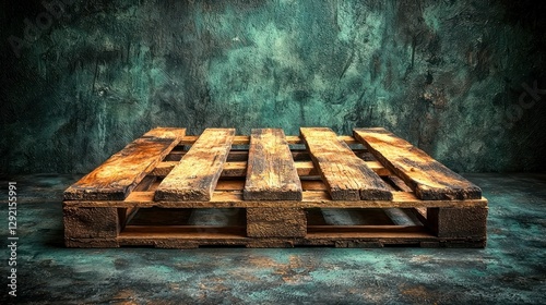 Aged wooden pallet on teal textured backdrop photo