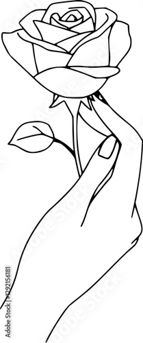Elegant outline of a woman's hand holding a rose delicate and poetic art.