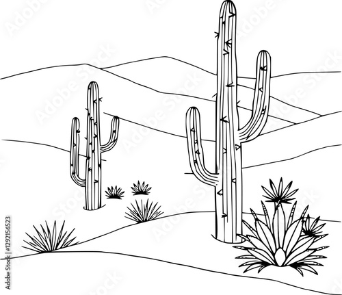 Outline desert landscape with cacti and dunes minimalistic vector design.