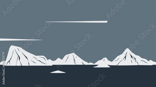 Outline arctic landscape with icebergs minimalistic vector illustration.