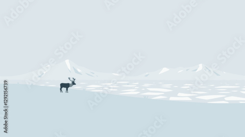 Outline Arctic tundra with reindeer elegant monochrome vector landscape.