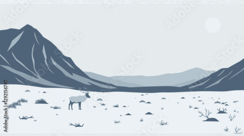 Outline Arctic tundra with reindeer elegant monochrome vector landscape.