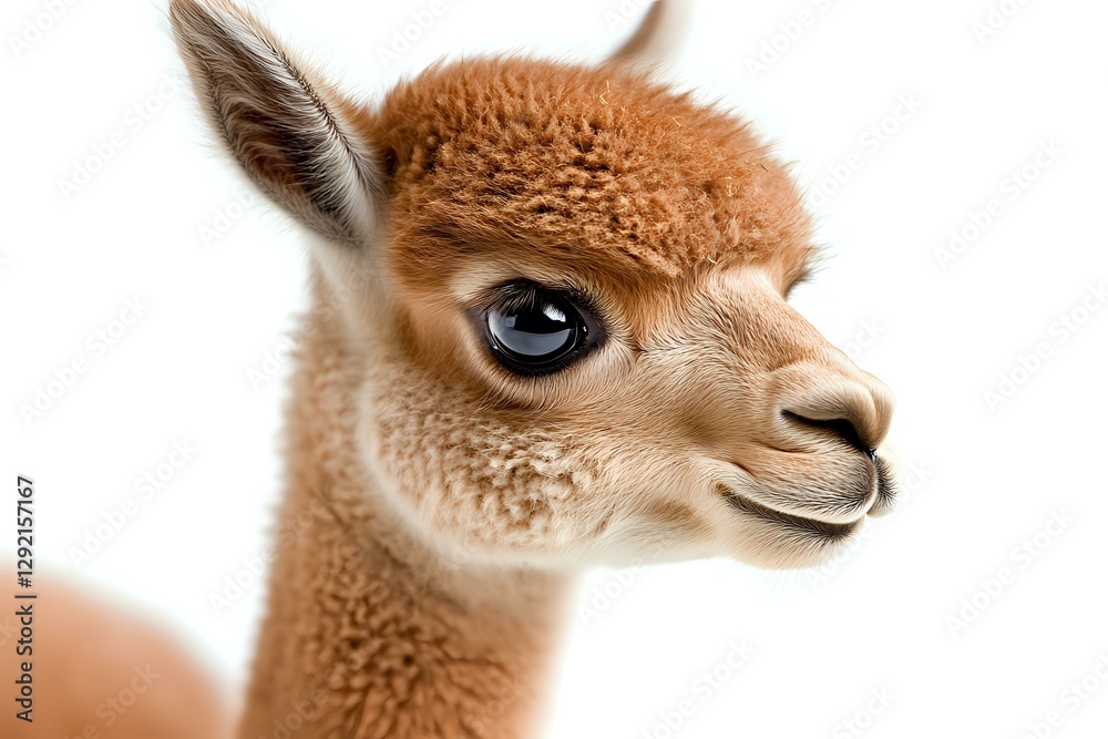 Fototapeta premium Brown baby alpaca head close up portrait with blue eyes and gentle expression on white background, isolated studio shot for design and advertising use.