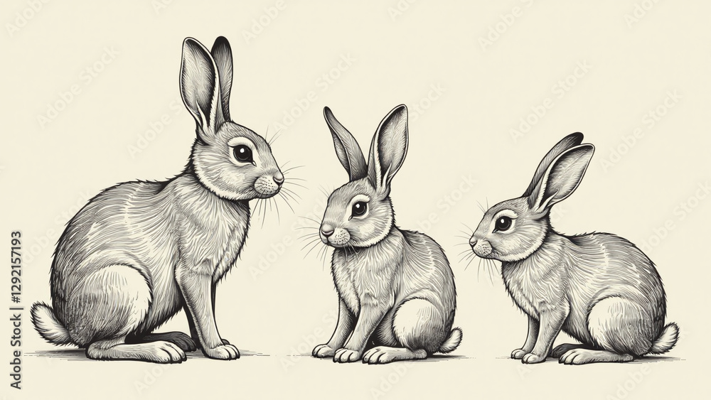 Obraz premium vintage style drawings rabbits sketchy vintage art style ink