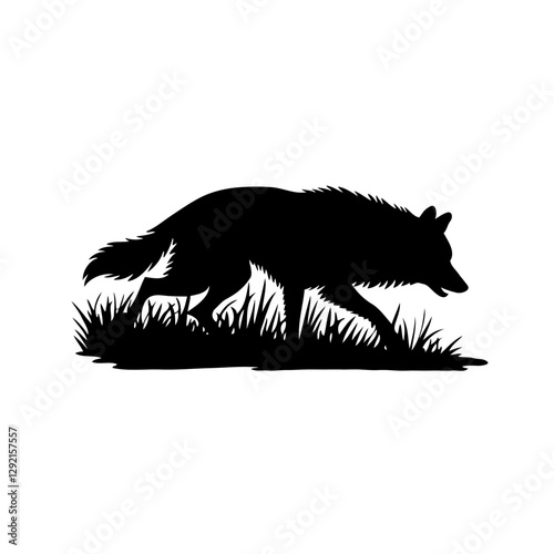 "The Silent Stalker: A Wolf on the Prowl" is a powerful and minimalist black-and-white illustration that captures the primal elegance of a wolf in pursuit. The sleek silhouette of the wolf is shown in