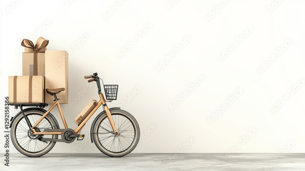 Fototapeta premium The startup focuses on green business solutions for a sustainable future. Delivery bike with gifts against a plain wall background.