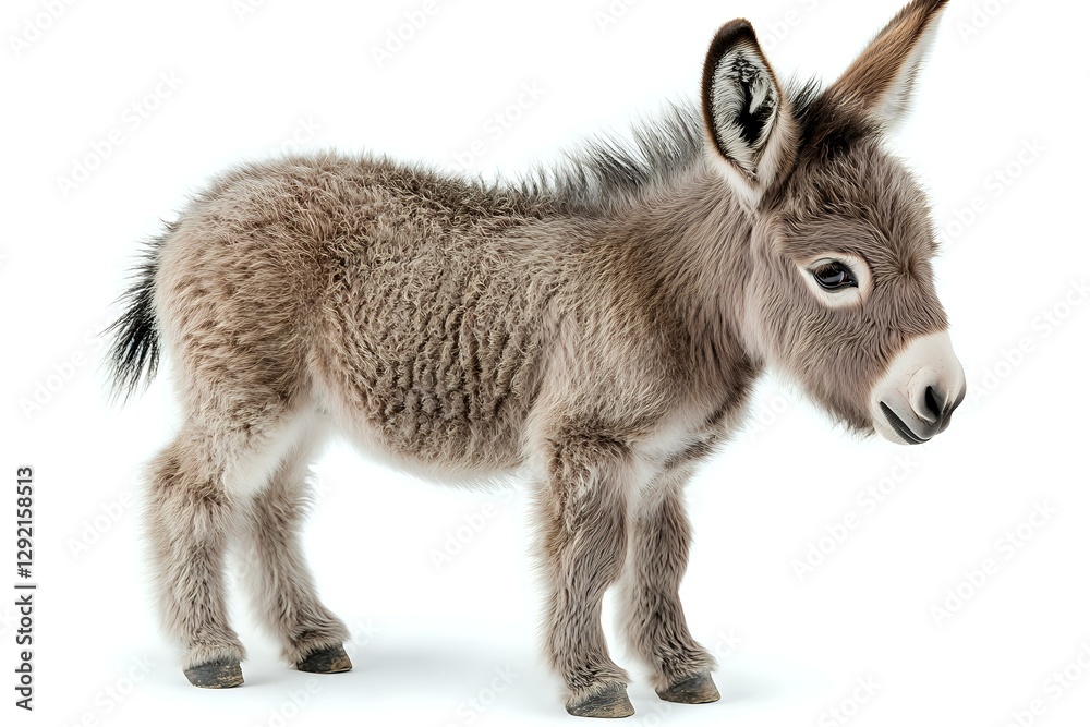 Fototapeta premium Young miniature donkey foal with fluffy gray coat standing in profile view on white background, isolated cutout for easy design integration.