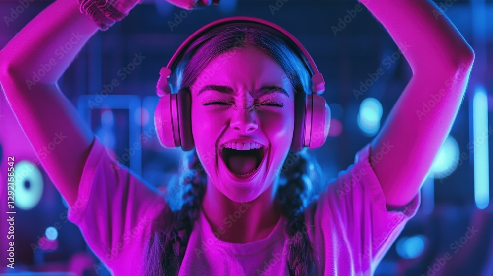 Female Gamer Celebrating a Win in a Virtual Reality Female Gamer Celebrating a Win in a Virtual Reality