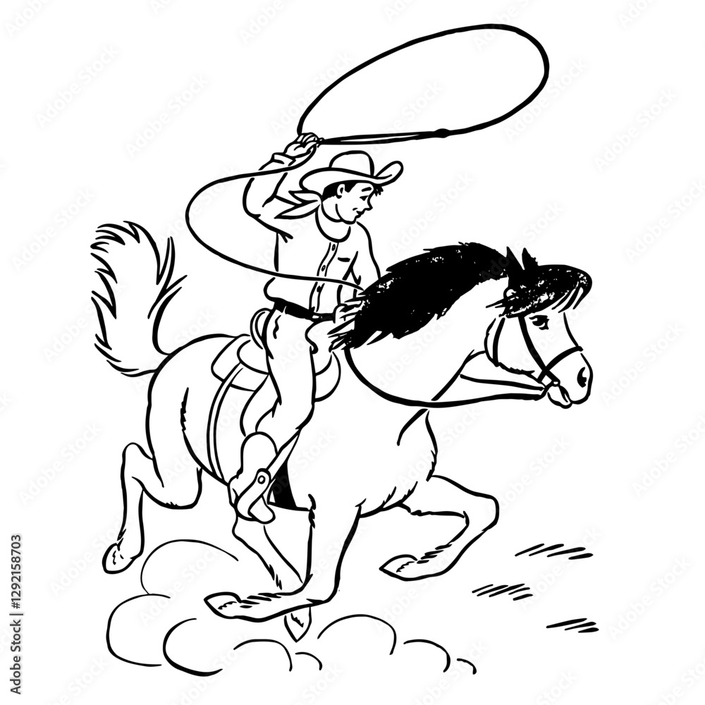 Fototapeta premium Cowboy Riding Horse with Lasso, Retro Vector Illustration