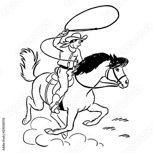 Cowboy Riding Horse with Lasso, Retro Vector Illustration