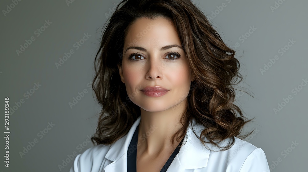 Fototapeta premium Young Hispanic female medical professional with wavy brown hair wearing white lab coat and confident expression against gray studio background. Professional healthcare portrait.