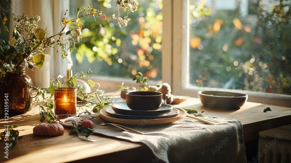 A wooden table is topped with plates and bowls next to a vase filled with flowers and a candle resting atop the table A wooden table is topped with plates and bowls next to a vase filled with flowers and a candle resting atop the table