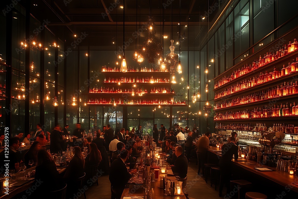 Naklejka premium Night bar scene, filled patrons, whiskey bottles, city view