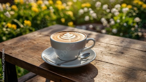 Coffee on wooden table in garden outdoor café, summer morning flowers photo
