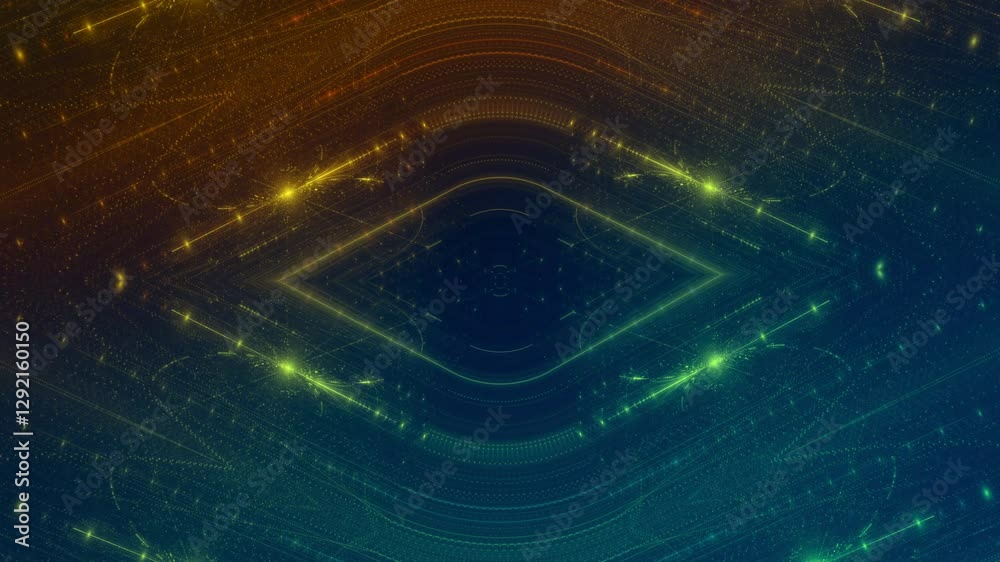 leuchtende Lichtpunkte bewegen sich langsam im Zentrum, digitaler Datentransfer, Algorithmus, Internet, Energie, Datenfluss, Geschwindigkeit, Wandel, Austausch, grün, gelb, orange
