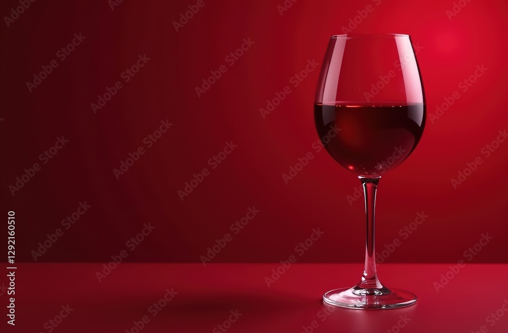 Red wine in an elegant glass on a red background. There is space for text on the left.