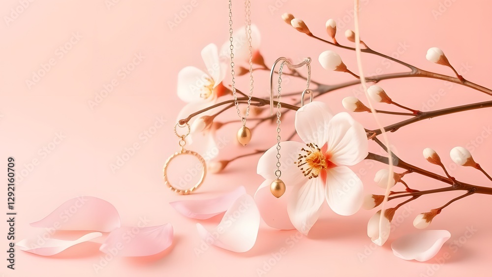 Soft Pastel Delight Minimalist Jewelry Display with Spring Flowers and Gentle Petals Movement Soft Pastel Delight Minimalist Jewelry Display with Spring Flowers and Gentle Petals Movement