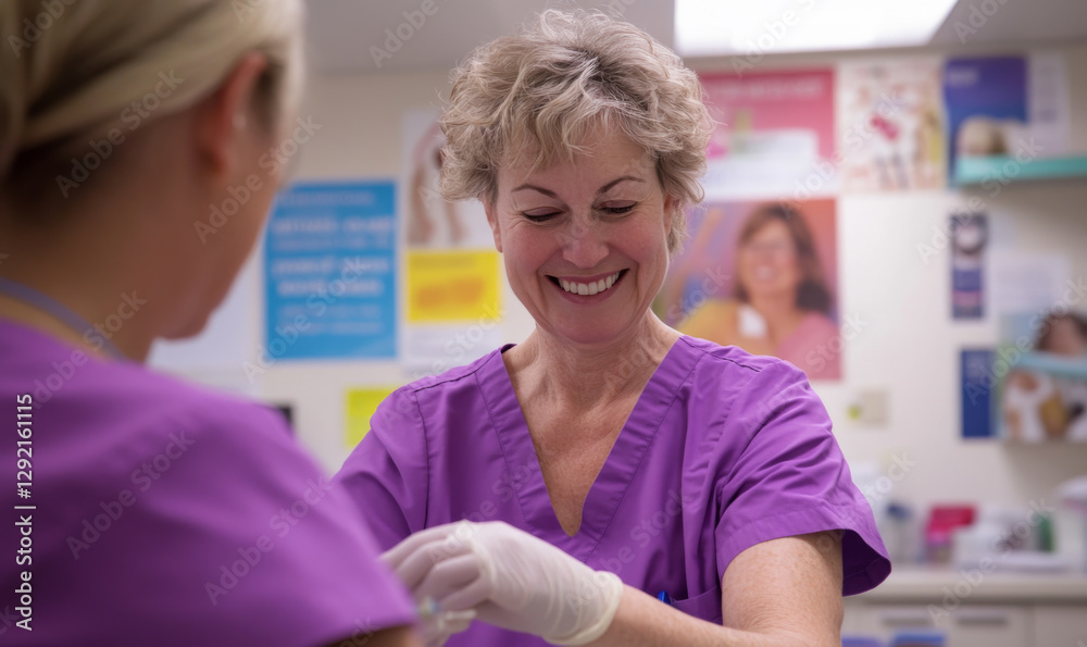 two nurses laughing, smiling at the medical center, horizontal photo. The background is blurred with posters about health and wellness two nurses laughing, smiling at the medical center, horizontal photo. The background is blurred with posters about health and wellness
