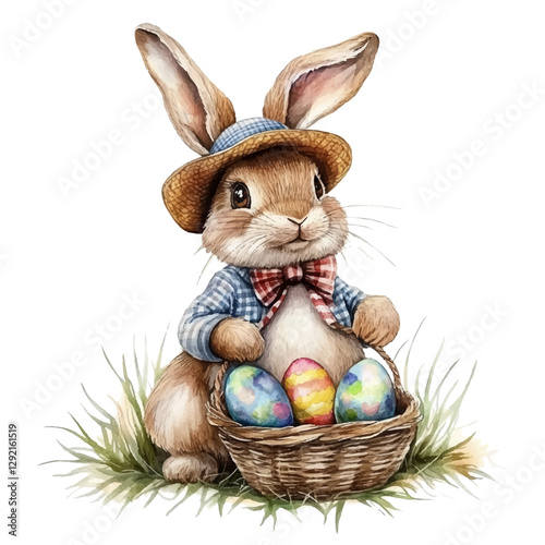 Easter rabbit wearing hat sitting in the nest with colored eggs vector illustration. Christian holiday symbols and congratulations text. Lettering and cartoon brooding bunny illustration