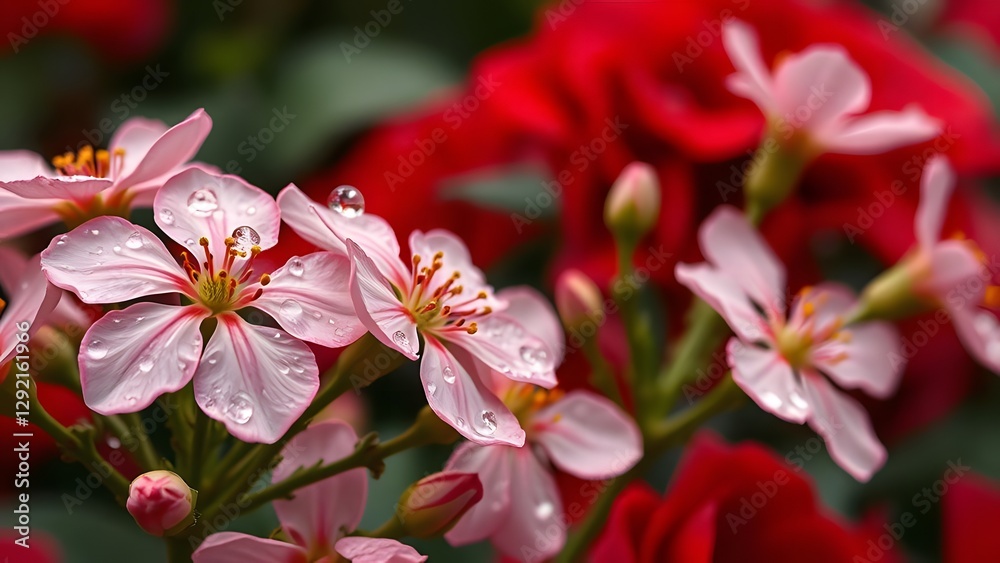 Enchanting Spring Morning Blooming Flowers with Dewdrops on Red Velvet