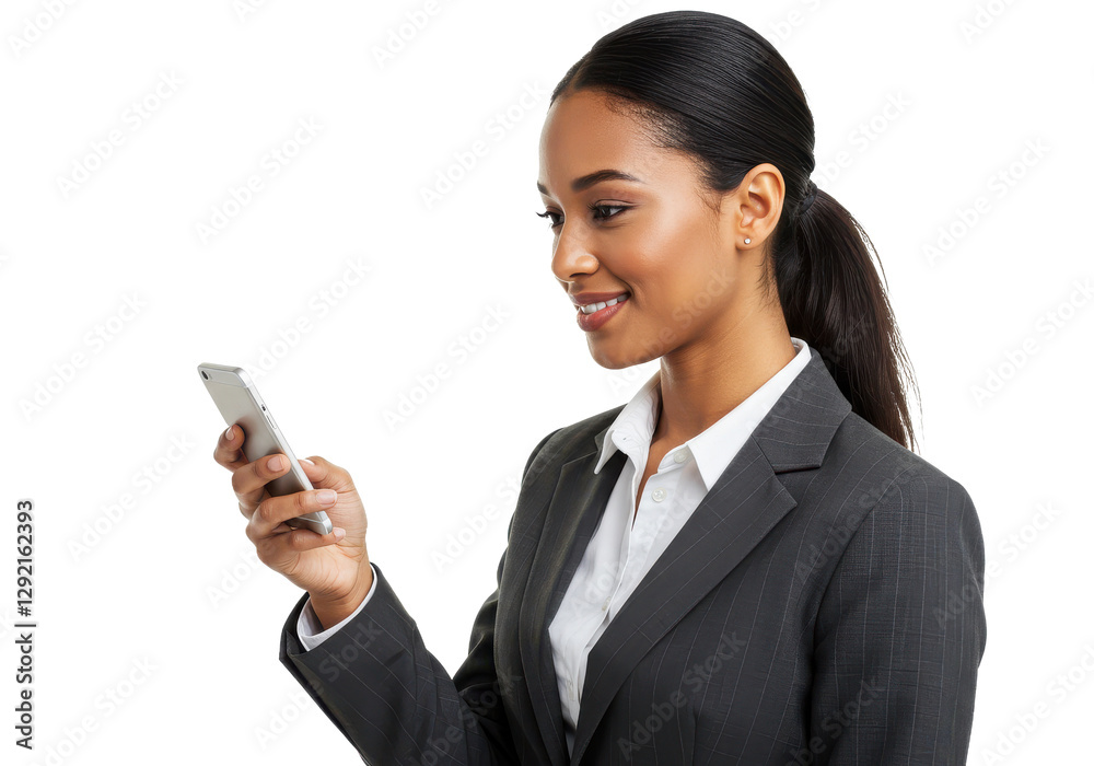 Businesswoman smiling and looking at her smartphone isolated on transparent, White background Businesswoman smiling and looking at her smartphone isolated on transparent, White background