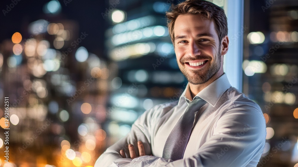 Entrepreneur Smiling Confidently by Office Window. Entrepreneur Smiling Confidently by Office Window.