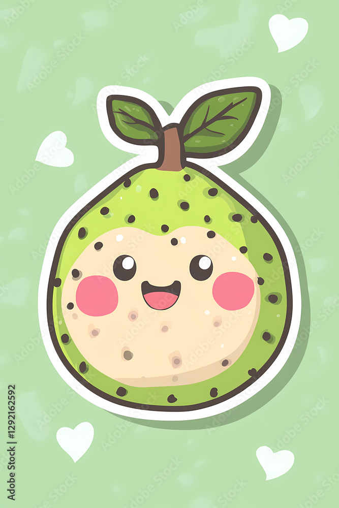 Cute kawaii cherimoya fruit character with happy face on green background, Adorable cartoon tropical fruit with smiling expression and leaf stem, Playful anthropomorphic cherimoya sticker design Cute kawaii cherimoya fruit character with happy face on green background, Adorable cartoon tropical fruit with smiling expression and leaf stem, Playful anthropomorphic cherimoya sticker design