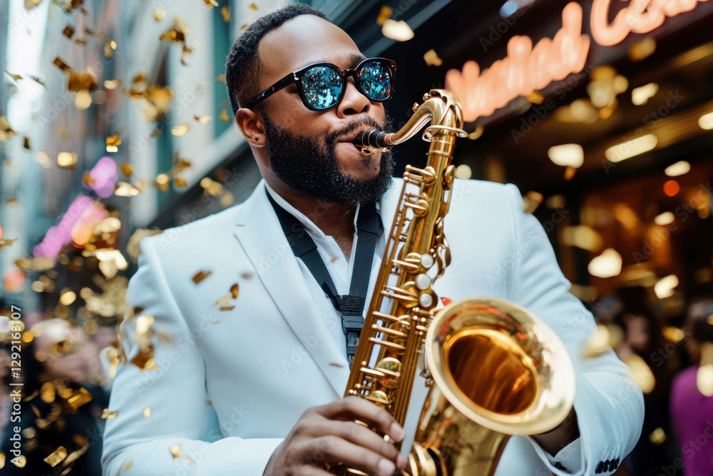 Fototapeta premium Jazz musician in white suit plays saxophone in middle of bustling Mardi Gras street. Festive carnival, parade in city street