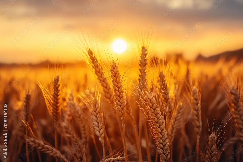 Golden wheat field bathing in warm sunset glow at harvest time Golden wheat field bathing in warm sunset glow at harvest time