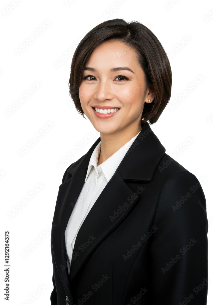Shot of a smiling businesswoman with black coat while isolated on transparent, White background Shot of a smiling businesswoman with black coat while isolated on transparent, White background