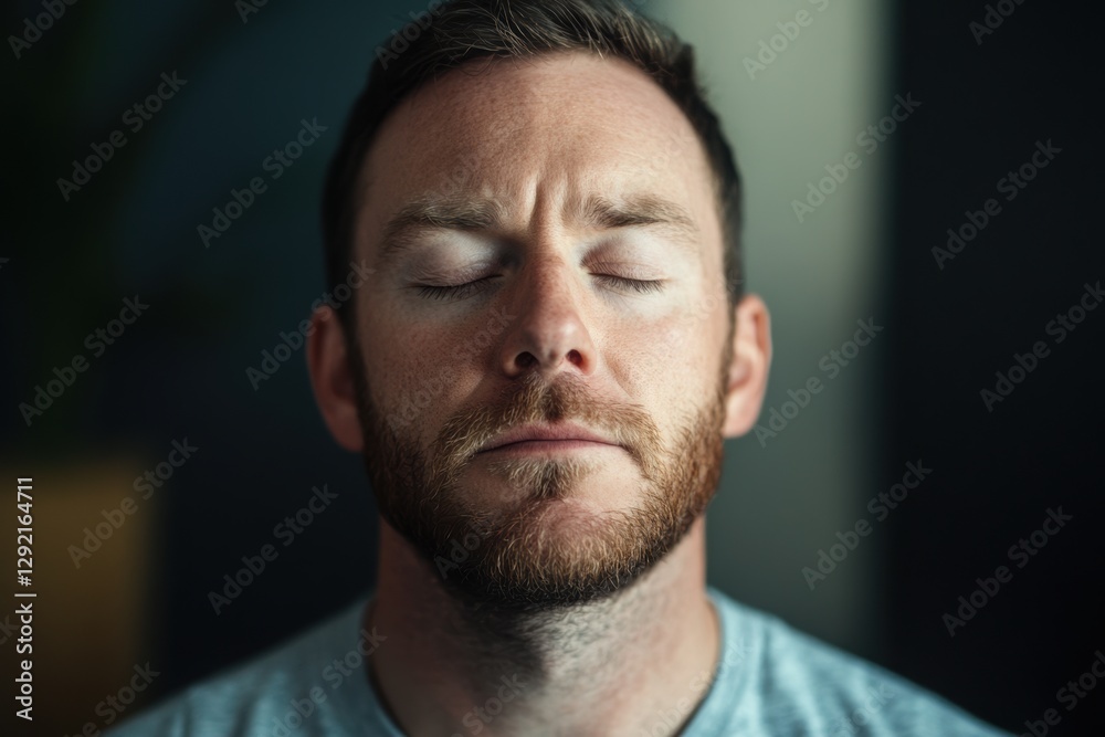 Fototapeta premium A man with his eyes closed, training his willpower, continues the exercises.