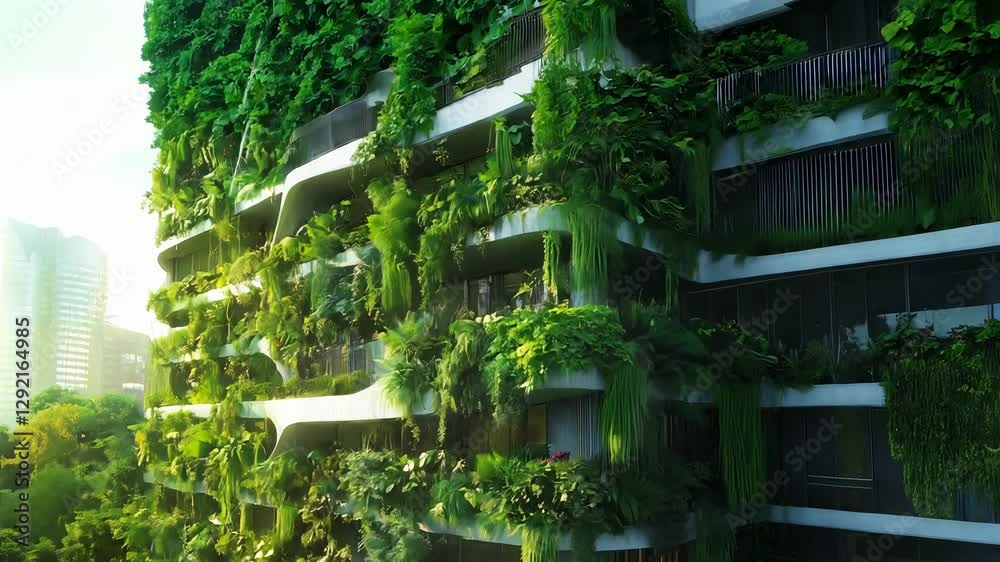 A modern building features extensive greenery on its facade, highlighting sustainable design in an urban setting captured during golden hour A modern building features extensive greenery on its facade, highlighting sustainable design in an urban setting captured during golden hour