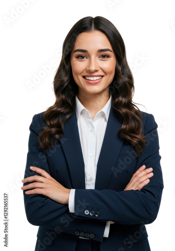 Female Entrepreneur. Business Girl Smiling At Camera Crossing Hands isolated on transparent, White background