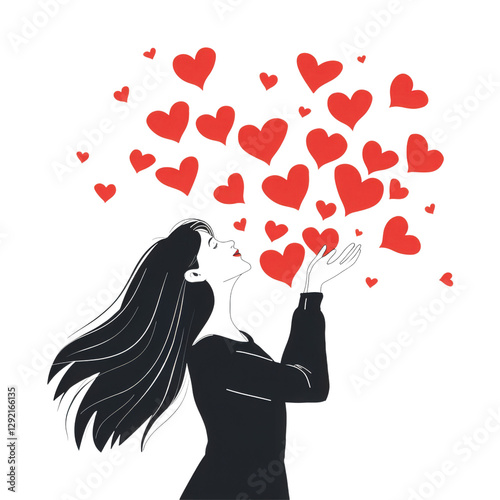 Woman Blowing Hearts PNG - Elegant Love and Affection Illustration with Transparent Background