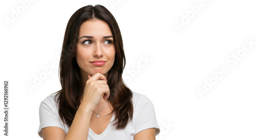Thoughtful young woman considering new ideas isolated on transparent, White background