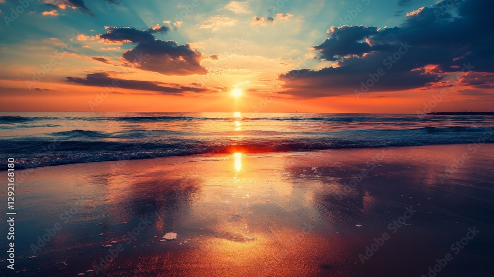 The sun is setting over the ocean, casting a warm glow on the water. The sky is filled with clouds, creating a serene and peaceful atmosphere The sun is setting over the ocean, casting a warm glow on the water. The sky is filled with clouds, creating a serene and peaceful atmosphere