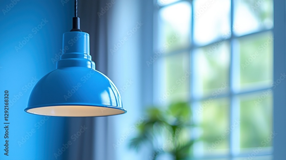 Obraz premium Blue pendant lamp, interior design, window view, home decor