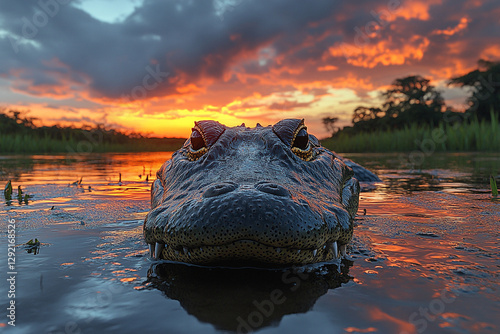 Alligator at Sunset in a Swampy River