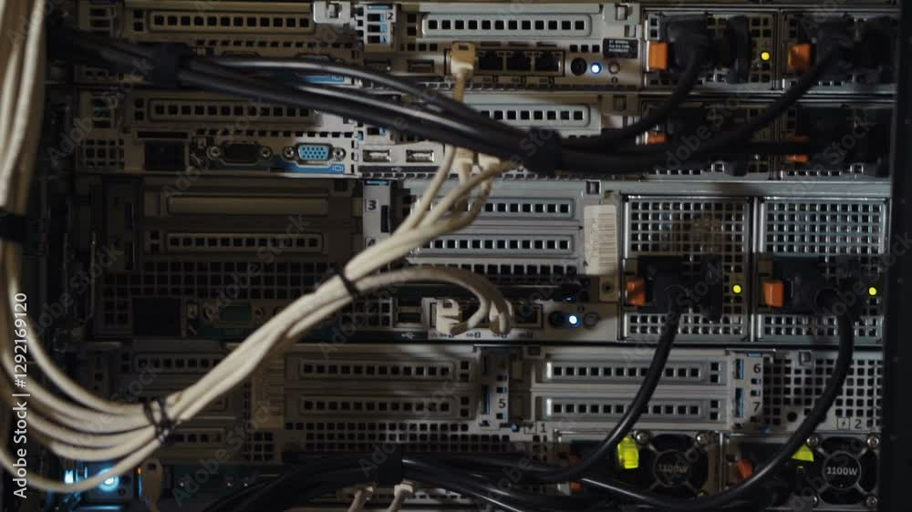 Techical engineer concept: moving from down to up shot of server equipment of personal localhost mining farm bitcoin data center cloud ftp cables switches lights provider ports electronic elements