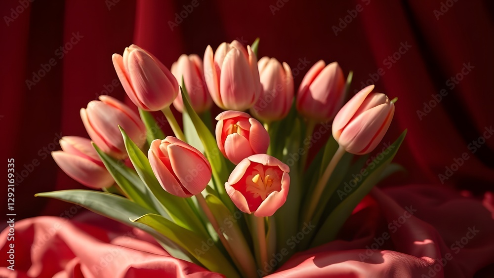 Fototapeta premium Elegant Tulip Bouquet in Soft Daylight Against Deep Red Backdrop