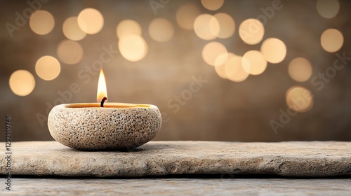 Lit Candle in Textured Stone Holder on Wooden Surface with Bokeh Background